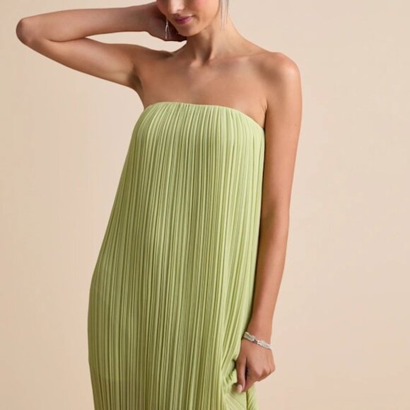 Lulus Yamuna Light Green Pleated Strapless Maxi Dress - Size M - Picture 2 of 4